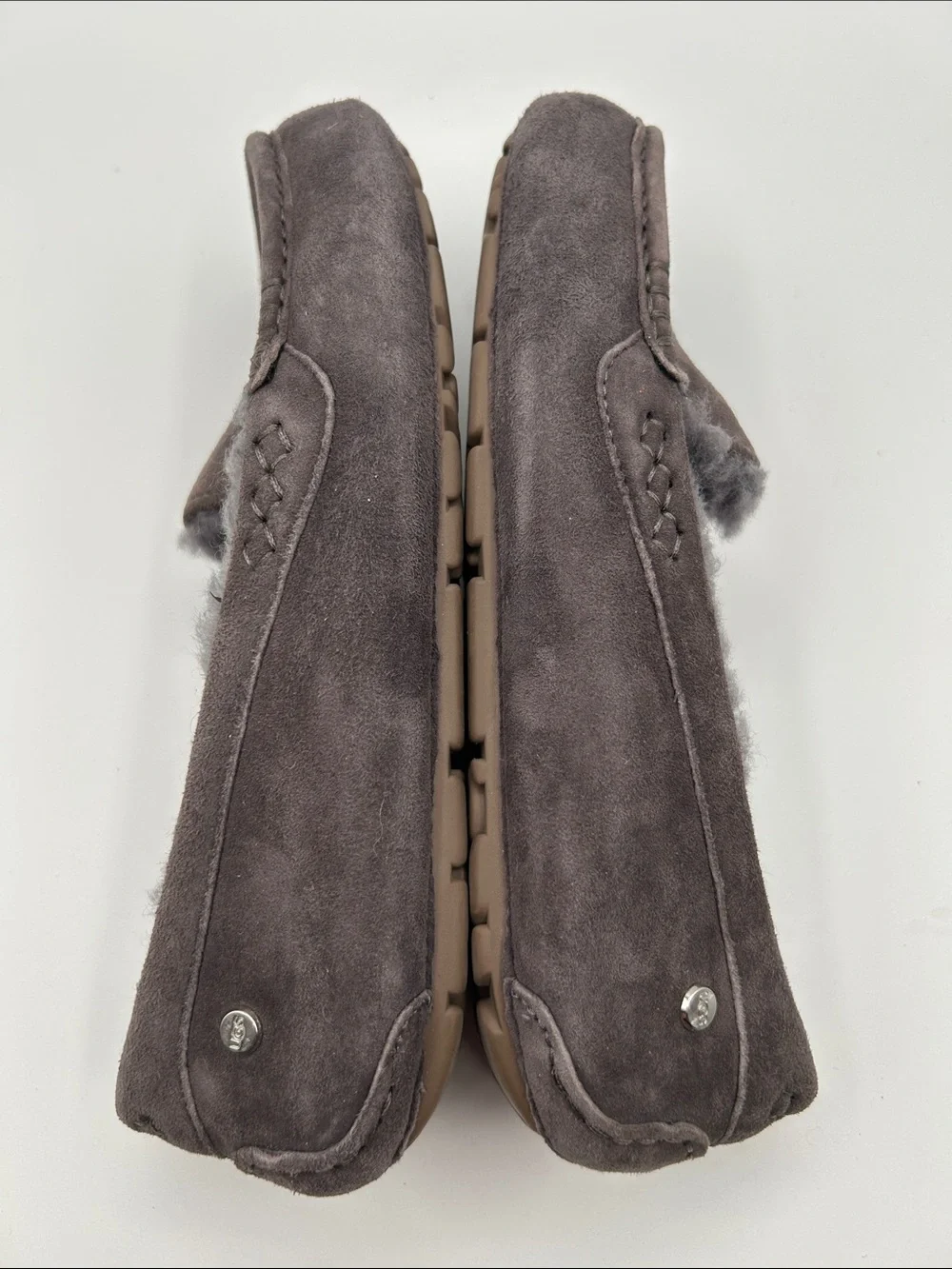 UGG Ansley Blossom Gray Suede Moccasin Slippers with Plush Shearling Lining - Picture 16 of 16